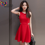 2016夏季新款女装名媛腰部镂空性感红裙子修身显瘦大红色连衣裙