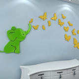 大象和蝴蝶3D亚克力立体墙贴卧室可爱卡通客厅儿童房装饰幼儿园