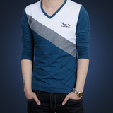 索力卡春秋新款男士长袖T恤v领大码纯色修身韩版条纹打底衫潮蓝色