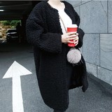韩国代购2015DEC新冬季女装超宽松纯色毛绒休闲无扣圆领毛呢外套