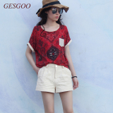 GESGOO2016夏装新款真丝上衣女短袖印花桑蚕丝衬衫宽松拼接衬衣红