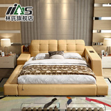 聚林氏家具现代榻榻米1.8m双人床卧室储物黑色皮床简约软包床R206
