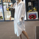 东大门韩版夏新款女装小清新白色超长款休闲宽松POLO领衬衫连衣裙