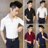 2015夏季V领青年男士冰丝棉短袖衬衫韩版修身发型师衬衣型男潮流