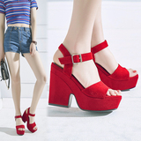 韩版夏季新款方头厚底粗跟凉鞋真皮露趾高跟鞋一字扣红色婚鞋女鞋
