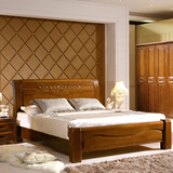 纯实木床 橡木中式实木床1.8双人床1.5气压高箱床 胡桃木色 特价