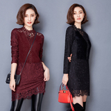 2015冬季新款韩版貂毛蕾丝加绒打底衫中长款修身显瘦大码连衣裙潮