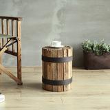 美式乡村复古做旧实木圆茶几木头小边几创意床头柜圆凳子小圆桌子