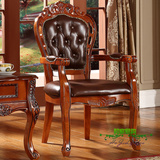 美式牛皮餐椅实木真皮椅子欧式复古扶手椅皮椅子电脑椅休闲咖啡椅