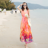 夏季新款海边度假大码显瘦波西米亚真丝沙滩裙v领无袖雪纺连衣裙