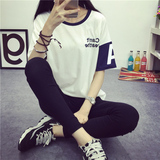 2016夏季新款韩版女装A字母刺绣半袖上衣宽松显瘦撞色短袖T恤女衫