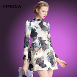 Fimoca2016春新款女印花蓬蓬打底裙A裙太空棉气质修身长袖连衣裙