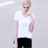 微琪思 高品质纯白色V领纯棉宽松 短袖T恤女简约黑色韩版春夏装