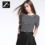 ZK黑白条纹拼接短袖T恤女装2016新款百搭打底衫上衣小衫修身衣服