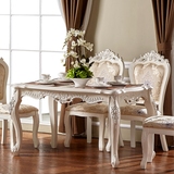 欧式餐桌椅组合6人实木雕花大理石餐桌象牙白描银餐台饭桌长方形