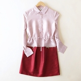 欧美时尚外贸原单 粉色酒红拼色 100%桑蚕丝长袖衬衫式真丝连衣裙