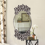 奇居良品欧式玄关墙面壁挂椭圆镜铁艺银色花朵墙面装饰镜子