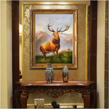 家居高档装饰画美式壁炉书房挂画动物画纯手绘动物油画招财鹿竖版