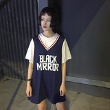 2016夏季新款韩版宽松中长款拼接v领假两件短袖棒球女士T恤