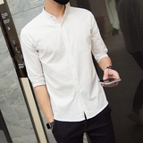 夏季薄款纯白色七分袖衬衫男士韩版修身型时尚青年休闲衬衣潮男装