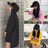 夏季新款女装 2016韩版时尚宽松百搭半袖纯色连帽卫衣中长款T恤潮