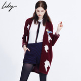 Lily2015秋新款女装开衫千鸟格中长款长袖毛衣115330D1611