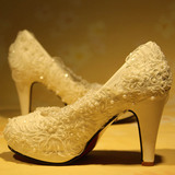 白色水晶蕾丝珍珠高跟鞋 女单鞋结婚鞋 夏季中低跟新娘结婚伴娘鞋