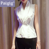Palglg夏装新款女装2016韩版修身气质收腰性感V领无袖衬衫上衣潮