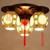 中式陶瓷吸顶灯实木艺园形餐厅卧室书房仿古典景德镇青花瓷吸顶灯
