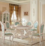 欧式实木圆餐桌椅组合转盘圆餐桌天然大理石圆桌深色美式圆形餐桌