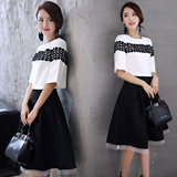2016年夏韩版套裙圆领中袖气质修身黑白套装小清新半身裙两件套女