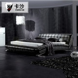 卡沙家具 真皮床 现代卧室创意时尚黑色软体皮床1.8米双人大床