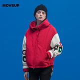 MOVEUP幻走 2015女装冬季新品 原创趣味印花拼接连帽厚实短款外套