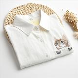实拍2016春季新款口袋小猫刺绣薄款衬衫韩版中长款衬衣女学生