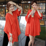韩国代购女装2016夏新款甜美宽松棉麻连衣裙 大码显瘦红色娃娃裙