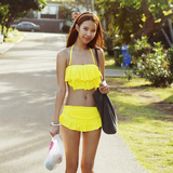 2016新款荧光黄泳装bikini黑白荷叶大花边抹胸女比基尼分体泳衣女