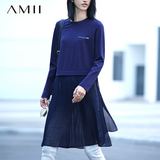 Amii[极简主义]2016春雪纺拼接褶皱中长款大码长袖T恤女11670097