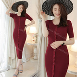 韩国韩版性感修身显瘦单排扣针织圆领短袖连衣裙 纯色套头包臀裙