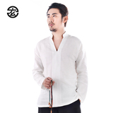 玄笙2016春季新款亚麻衬衫中国风男装长袖白色寸衣立领宽松大码男