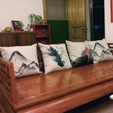 中式红木沙发靠枕 棉麻抱枕床头靠包腰枕靠垫 中国风水墨荷花