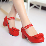 小码女鞋32 33韩版蝴蝶结头单鞋红色结婚鞋子粗跟双搭扣大码41-43