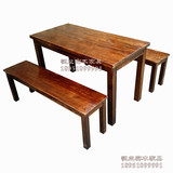 饭店碳化餐桌椅组合长桌长凳实木复古餐厅快餐小吃店面馆做旧桌椅