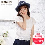 尚州2016夏季新款韩版甜美荷叶蕾丝花边束腰显瘦T恤衬衫女FXC201