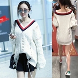 香港代购韩国明星同款白色毛衣V领镂空针织衫打底显瘦上衣女