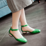 粗跟单鞋2016夏季新款韩版女平底一字扣低跟方头浅口纯色绿黑米色