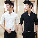 夏季男士短袖衬衫韩版潮男衬衣修身型纯色白寸衫立领休闲英伦男装