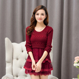 2015秋冬季新款韩版毛衣拼接棉布蕾丝修身长袖打底假两件连衣裙女
