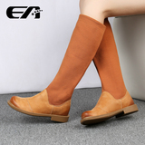EA2015秋冬复古打腊头层牛皮针织弹力布两穿靴 马丁靴 平底高筒靴