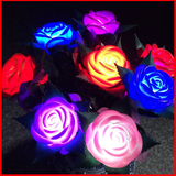 七彩LED小夜灯批发带枝叶仿真塑料玫瑰花求婚庆情人节地摊塑料花