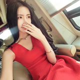 代购韩国夏装新款无袖背心连衣裙修身显瘦红色蓬蓬裙气质小礼服女
